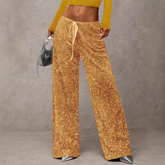 Dámské kalhoty s vysokým pasem a širokými nohavicemi, ležérní kalhoty se sekvenčním designem, elastický pas se stahovací šňůrkou, párty kalhoty