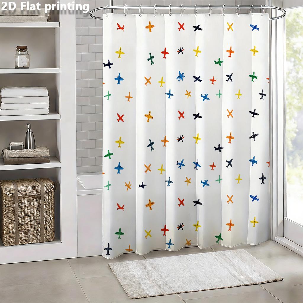 Colorful Retro Airplane Shower Curtain – Multicolor Planes & Stars, 2D Flat Print, Polyester, 70.8"X70.8"Inches
