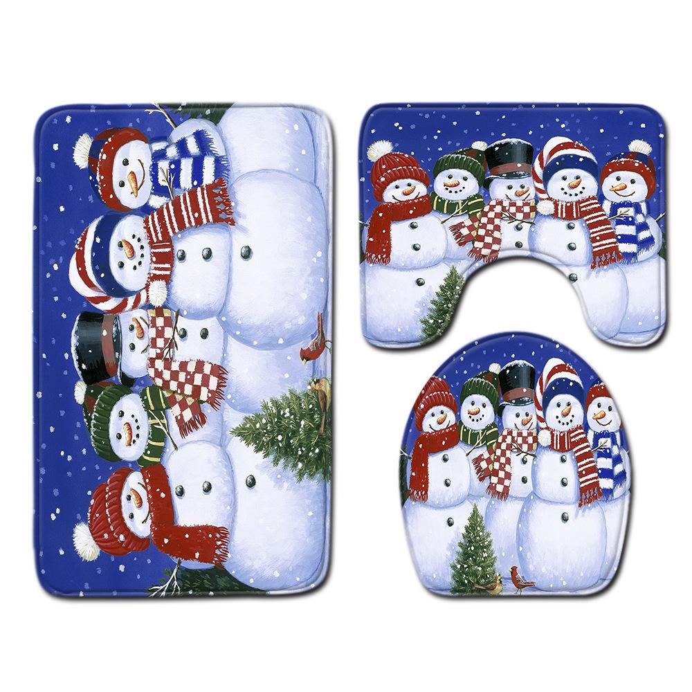 Christmas Shower Curtain Floor Mat Combination Four-Piece Set Bathroom Toilet Carpet Shower Room Mat Foot Mat
