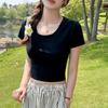 High-quality pure cotton shoulder short-sleeve short T-shirt, women's base shirt, tight minimalist versatile cropped T-shirt top