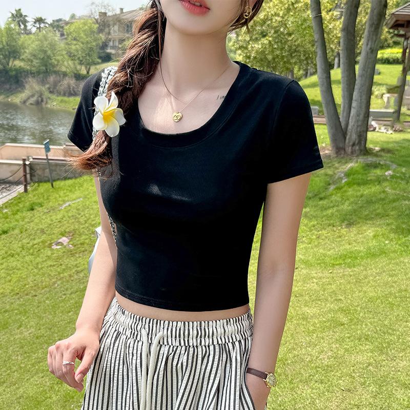 High-quality pure cotton shoulder short-sleeve short T-shirt, women's base shirt, tight minimalist versatile cropped T-shirt top