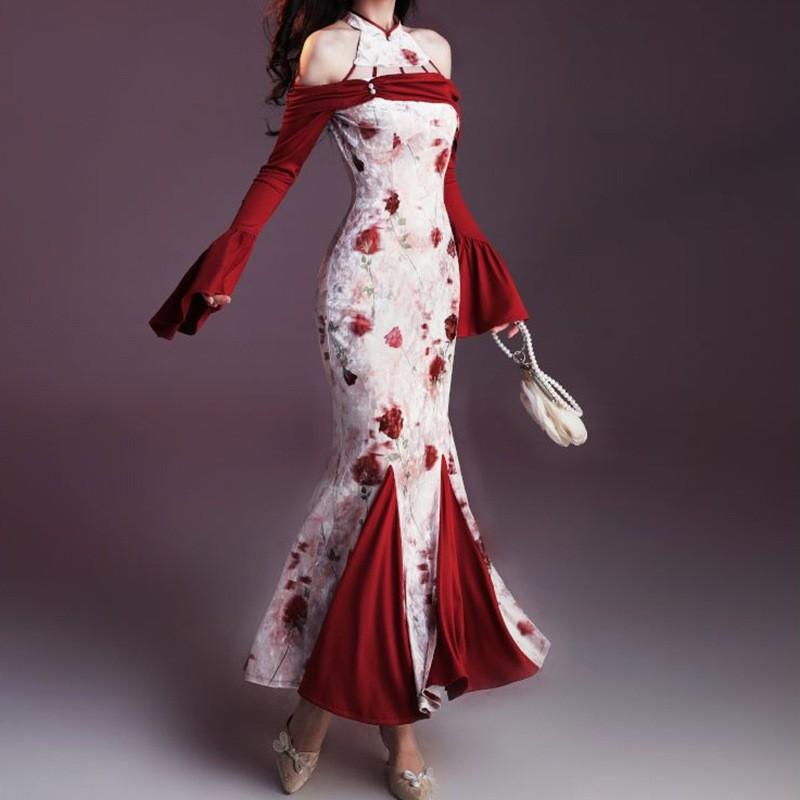 New Chinese Style Vintage Improved Cheongsam Halter Velvet Printed Dress Women Mermaid Bodycon Long