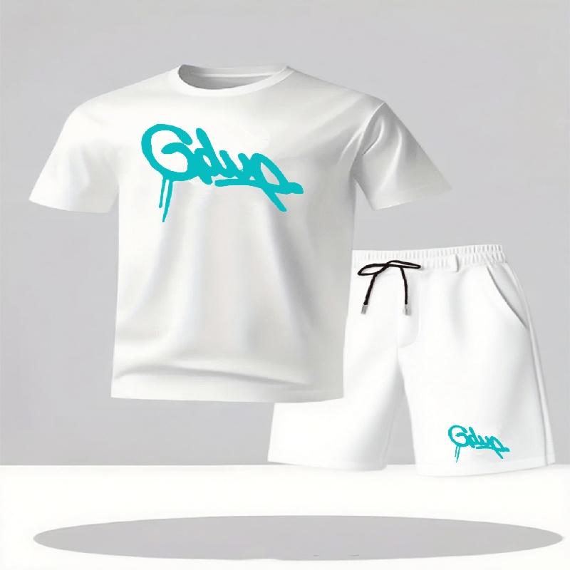 Youth Men's Fashionable Casual Sports Two-Piece Set Print Summer Short-Sleeved T-Shirt And Shorts Ensemble