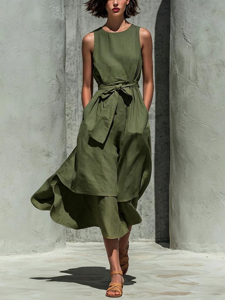 Women Sleeveless Round Neck Solid Color Midi Dress Casual Wrap Front Tie Waist Flounce Hem Vacation Dress