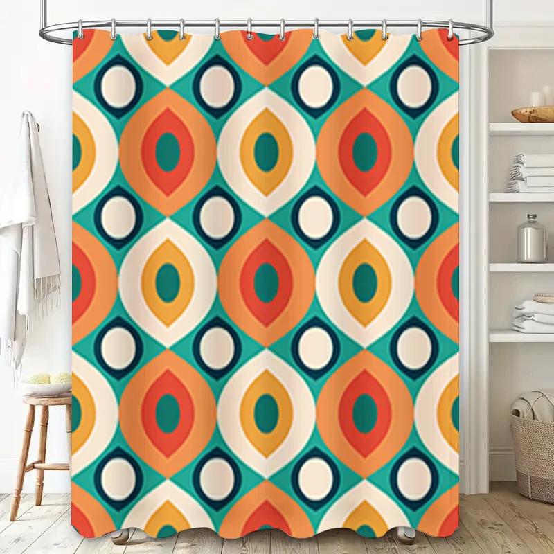 Geometric Pattern Shower Curtain Set Modern Blue Green Orange White Bath Decor for Home Decoration 72 x 84 inches
