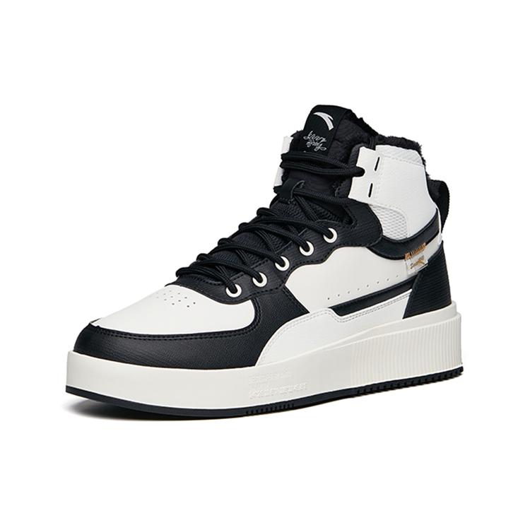 Anta Leather Fleece Lined Slip Resistant Abrasion Resistant High Top Skateboard Shoes Men's Black White 912148911-2