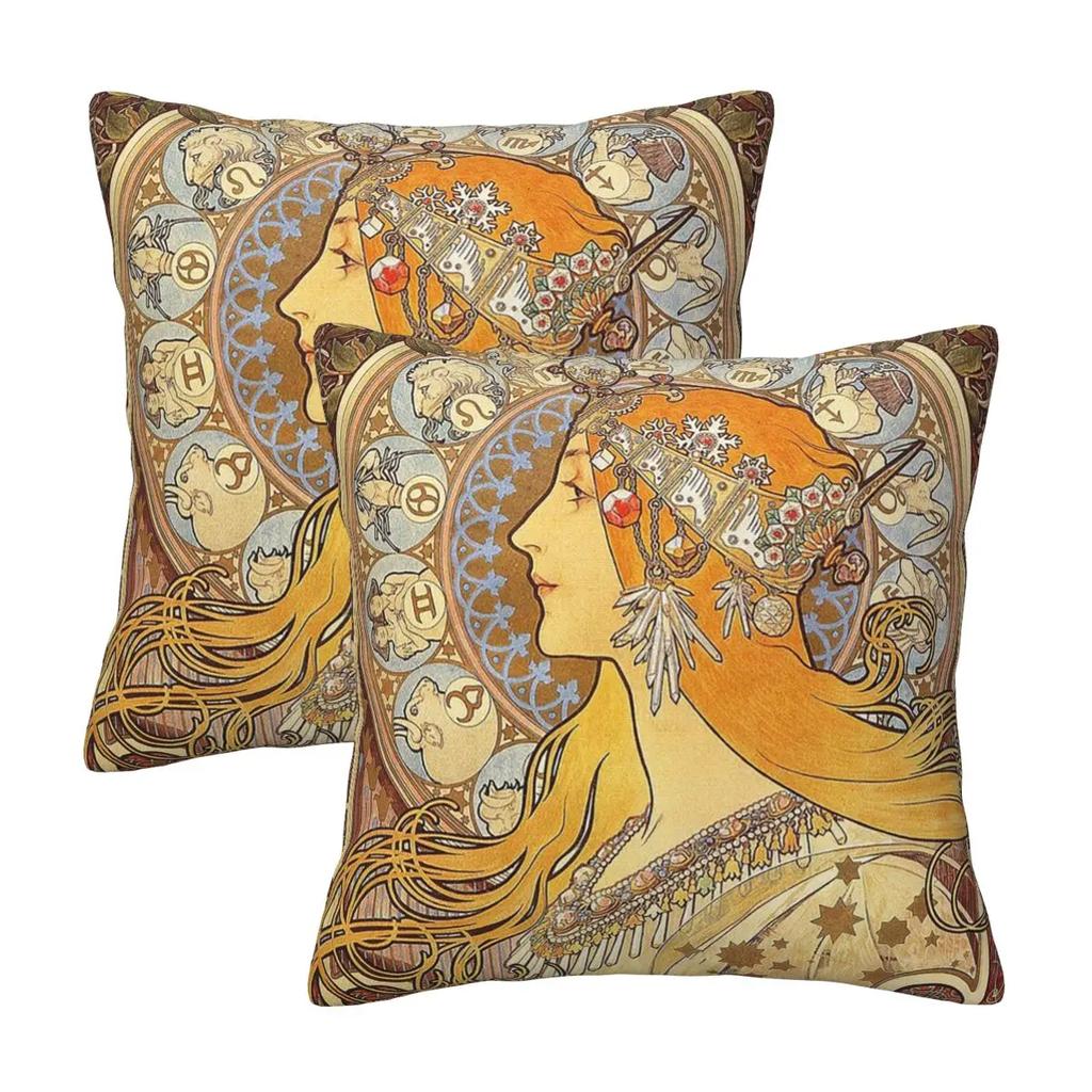 Alphonse Mucha Zodiac Art Nouveau Woman 2 Pcs Square Pillowcase Pillow Cover Cushion Decor Comfort Throw Pillow For Home Sofa
