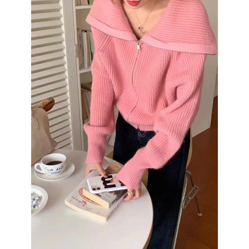 Navy Collar Zipper Sweater Jacket Female Early Spring Lazy Wind Loose Thin Knitted Cardigan Comfortable Versatile and Fashionable