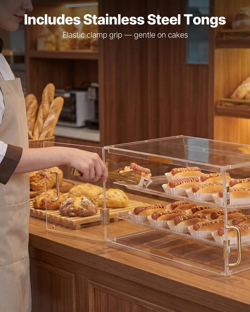 Bakery Display Case, 2-Tier Commercial Countertop Pastry Display Case, Clear Acrylic Bread Box for Kitchen, Party Cake Cabinet with Magnetic Rear Door