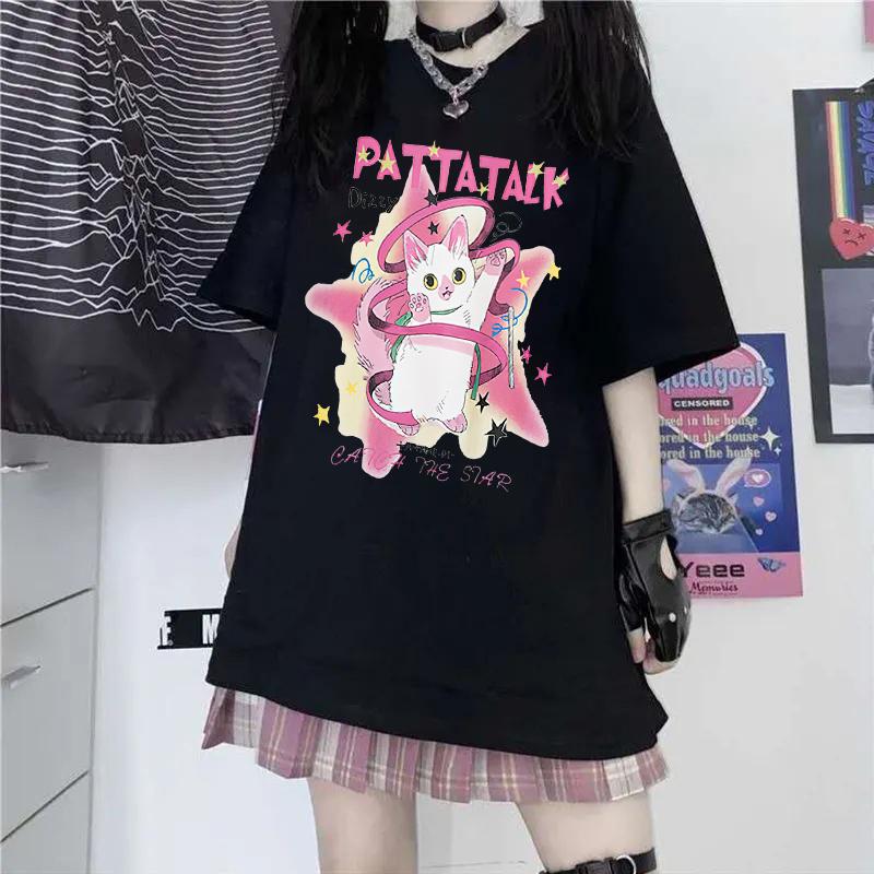 

Top Harajuku Women Tshirt 2025 Summer Pink Cat Printed Print Tshirt Womens Harajuku Sleeve Casual Womens Tshirt Clothing 4XL