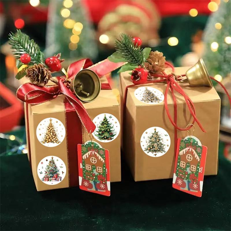 500pcs Merry Christmas Stickers Round Christmas Tree Tags Stickers for Kids Gifts Baking Package Envelope Stationery Decoration