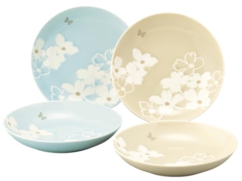 Hanae Mori  Fleur  Floral Print Set of 4 Curry Plates, Pasta Plates, and Deep Plates, Approx. 21cm Diameter x 4cm Deep, Dishwasher and Microwave Safe,