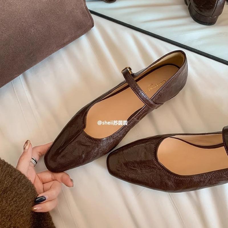 

Hand-washed pleated one-word strap flat Mary Jane shoes women s single shoes 40 коричневий