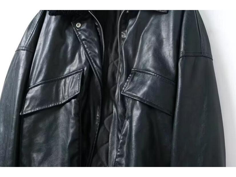 2024 A/W Women's Loose Faux Leather Coat with Removable Fur Collar - Style 24188