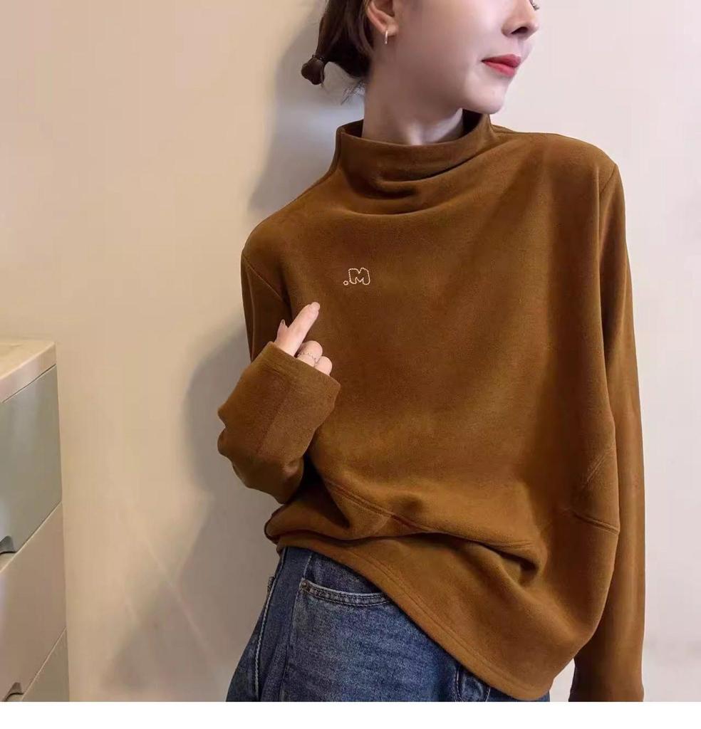 Women's Designer Long-Sleeve Fleece T-Shirt: Stylish, Versatile, Half-High Collar with High-End Embroidery