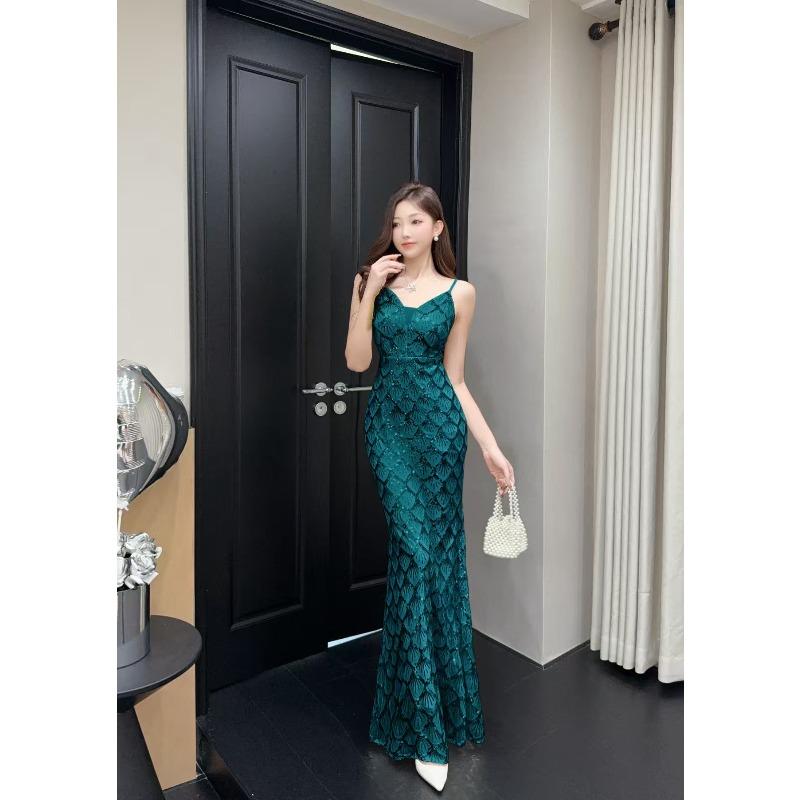 Premium Sexy Dress Mopping Floor Suspender Sequin Dress Evening Dress Women's Neck Suspender Dress Summer