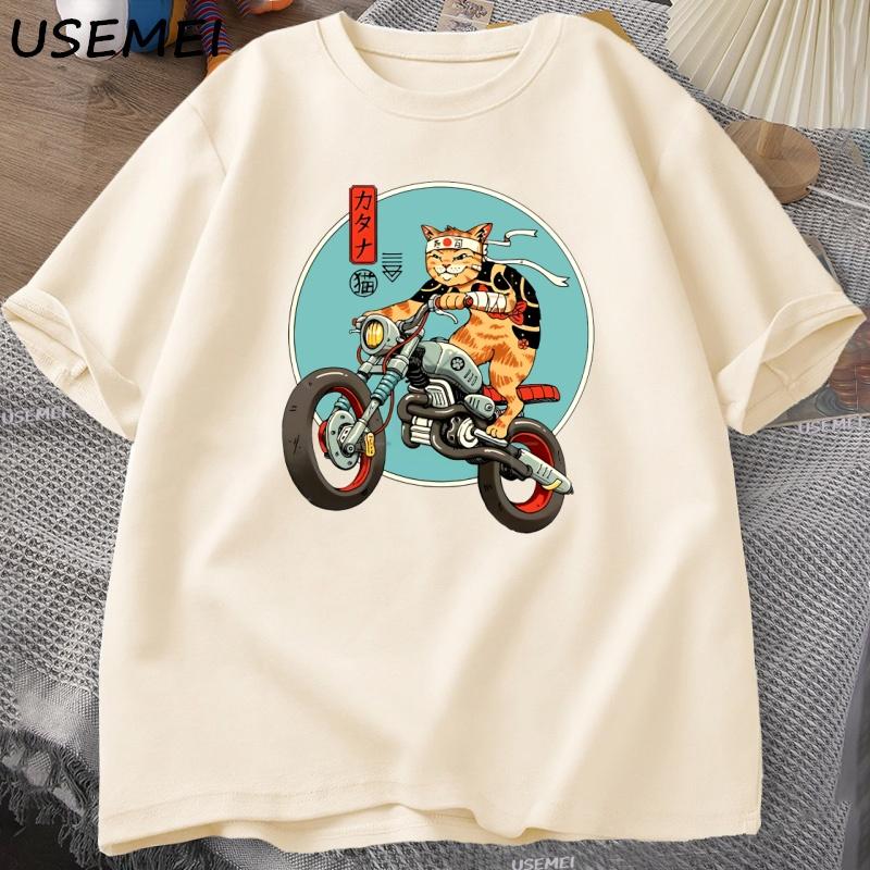 Cat Motorcycle T Shirt Casual Cotton Short Sleeve Tshirt for Unisex Japanese Style Vintage Graphic Tees Unisexs Clothes Streetwear