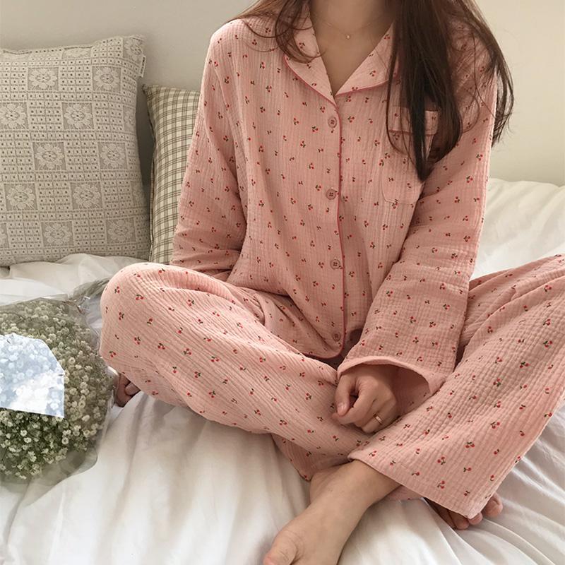 Cotton Linen Sleepwear Set Sweet Cute Cherry Print Pajamas Vintage Kawaii Notched Pocket Home Suit Shirt+Trousers Button