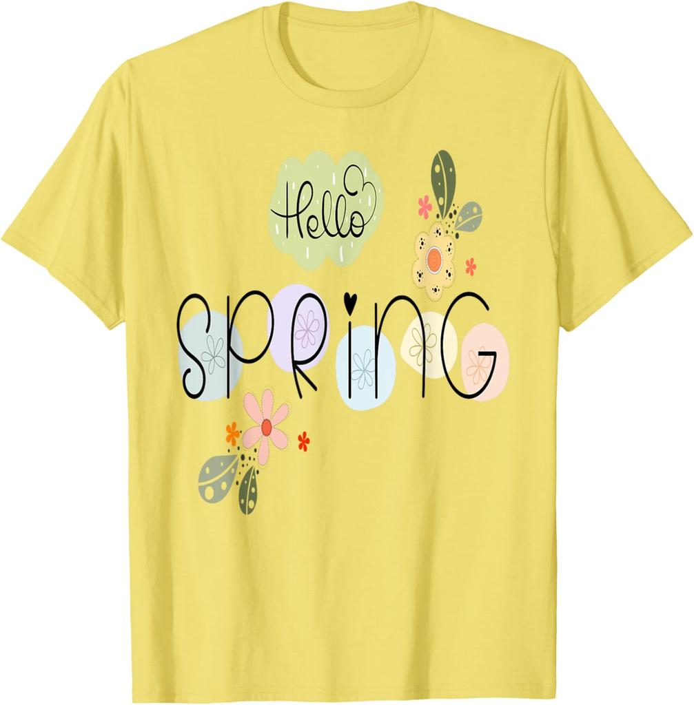Hello Spring Flowers Graphic Tee Casual Cotton Short Sleeve T-Shirt Daily Wear