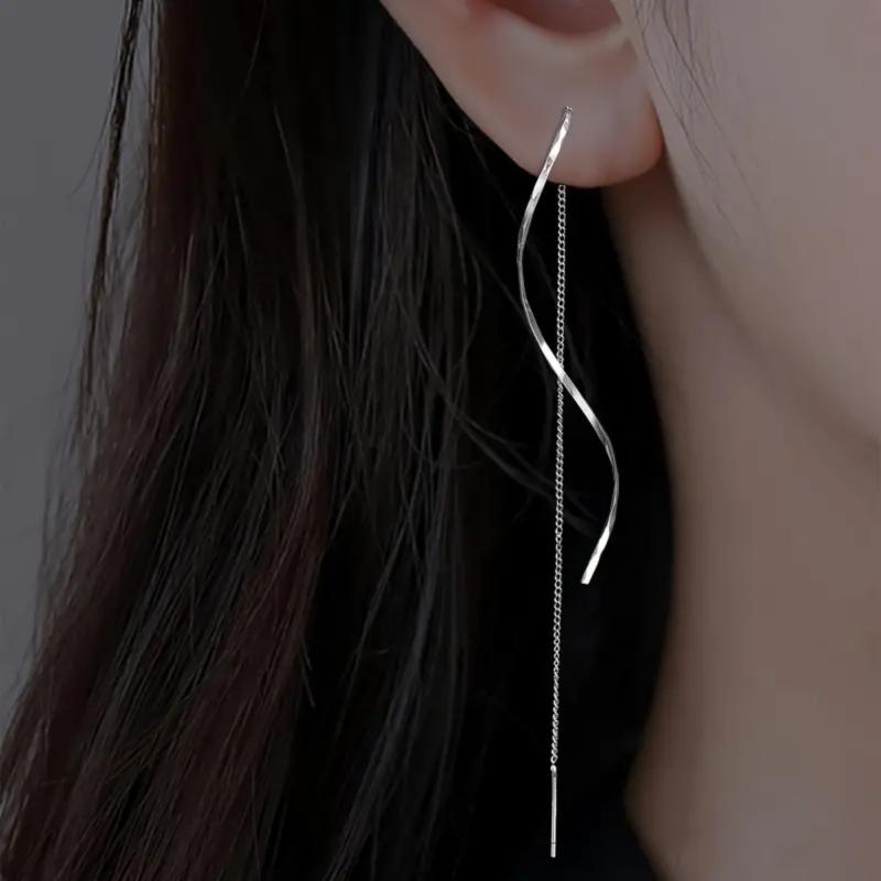2Pc Women'S  Light Luxury Long Tassel Wave Earrings Jewelry Accessories Suitable For Date Party Festival Gifts