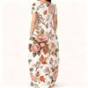 Women Plus Size Round Neck Short Sleeve Floral Printed White Maxi Dress With Side Pockets