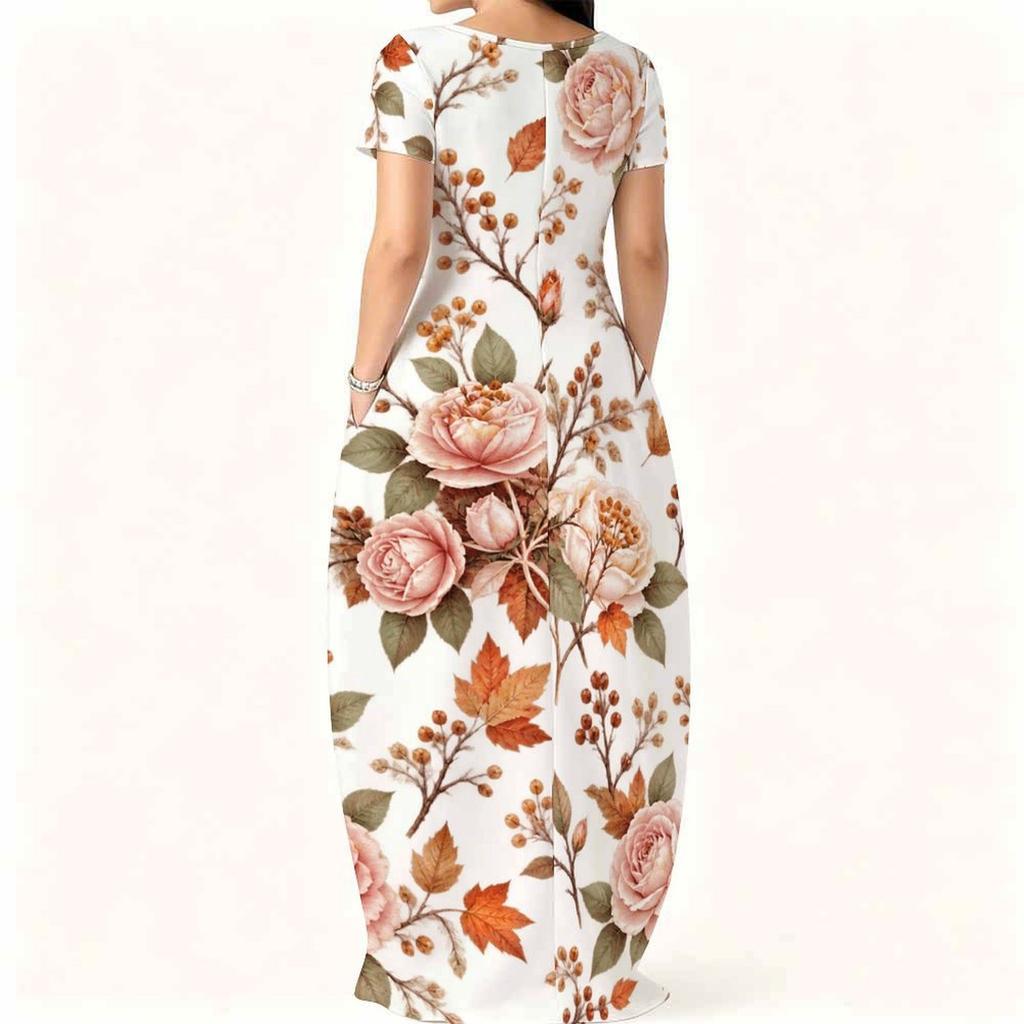 Women Plus Size Round Neck Short Sleeve Floral Printed White Maxi Dress With Side Pockets