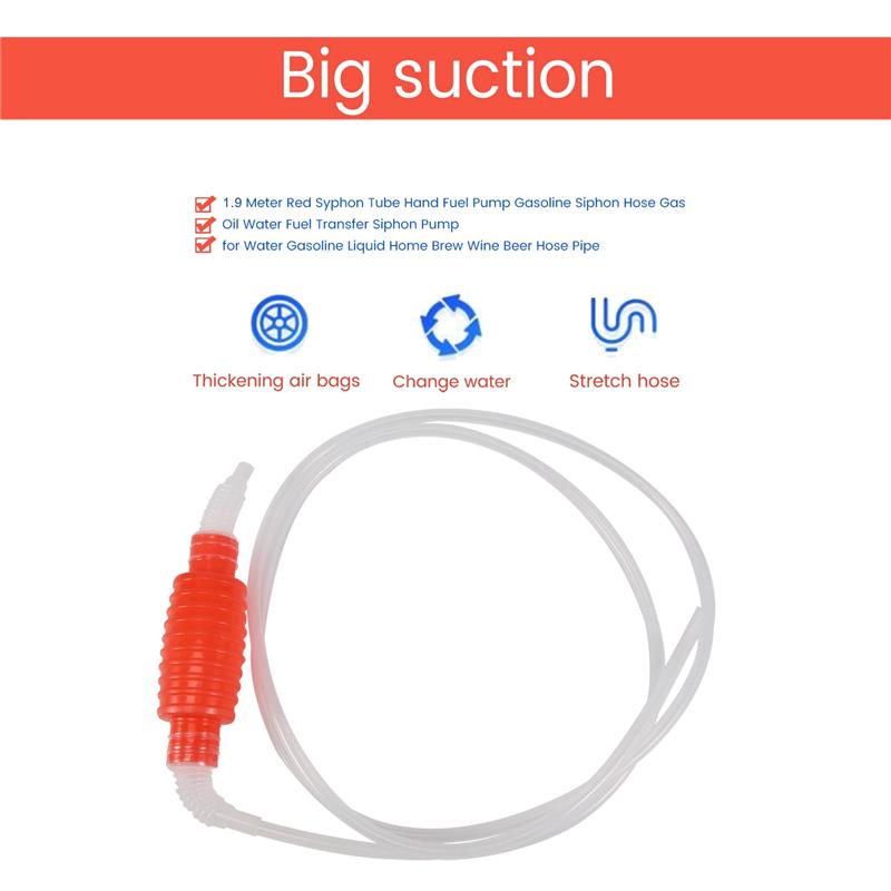 Precise 1.9 Meter Red Syphon Tube Hand Fuel Pump Siphon Hose Gas Oil Water Fuel Transfer Siphon Pump For Water