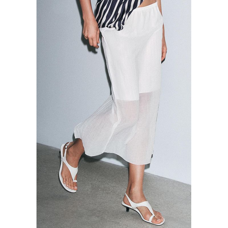 Spring and Summer New Women's Clothing White Viscose Blended Split Mid-Waist Translucent Midi Skirt Skirt 4437050