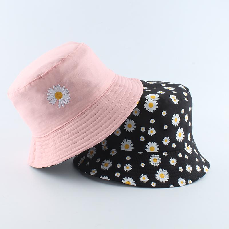 Sommer-Gänseblümchen Eimerhut Damen Mode Baumwolle Strand Sonnenhüte Wende Bob chapeau Femme Blumenhut Fischerhut