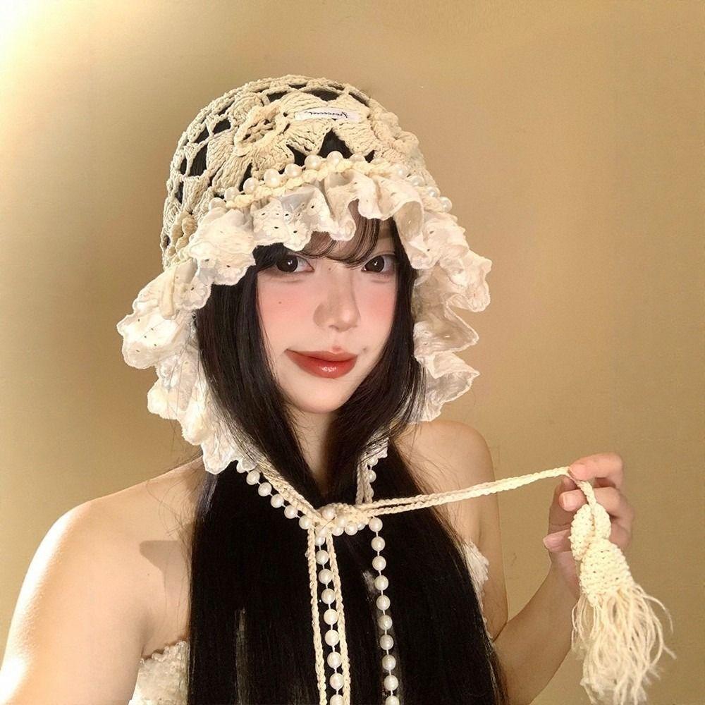 Hand-knitted Knitted Pearl Lace Beanies Breathable Fringed Hollow Flowers Hat Soft Bohemian Style Crochet Hat