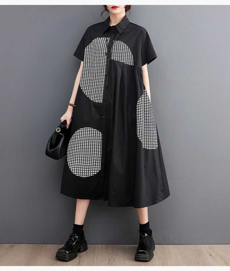 Volné Plus Potisk Středně Dlouhé Umělecké Retro Šaty s Krátkým Rukávem