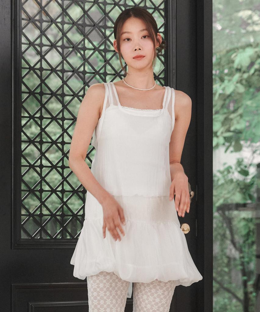 LOSSYROW Sheer Ribbon Balloon Dress White