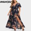 IHUASU L-5XL Women's Fashion Summer Spring Short Sleeve V-Neck Casual Dresses