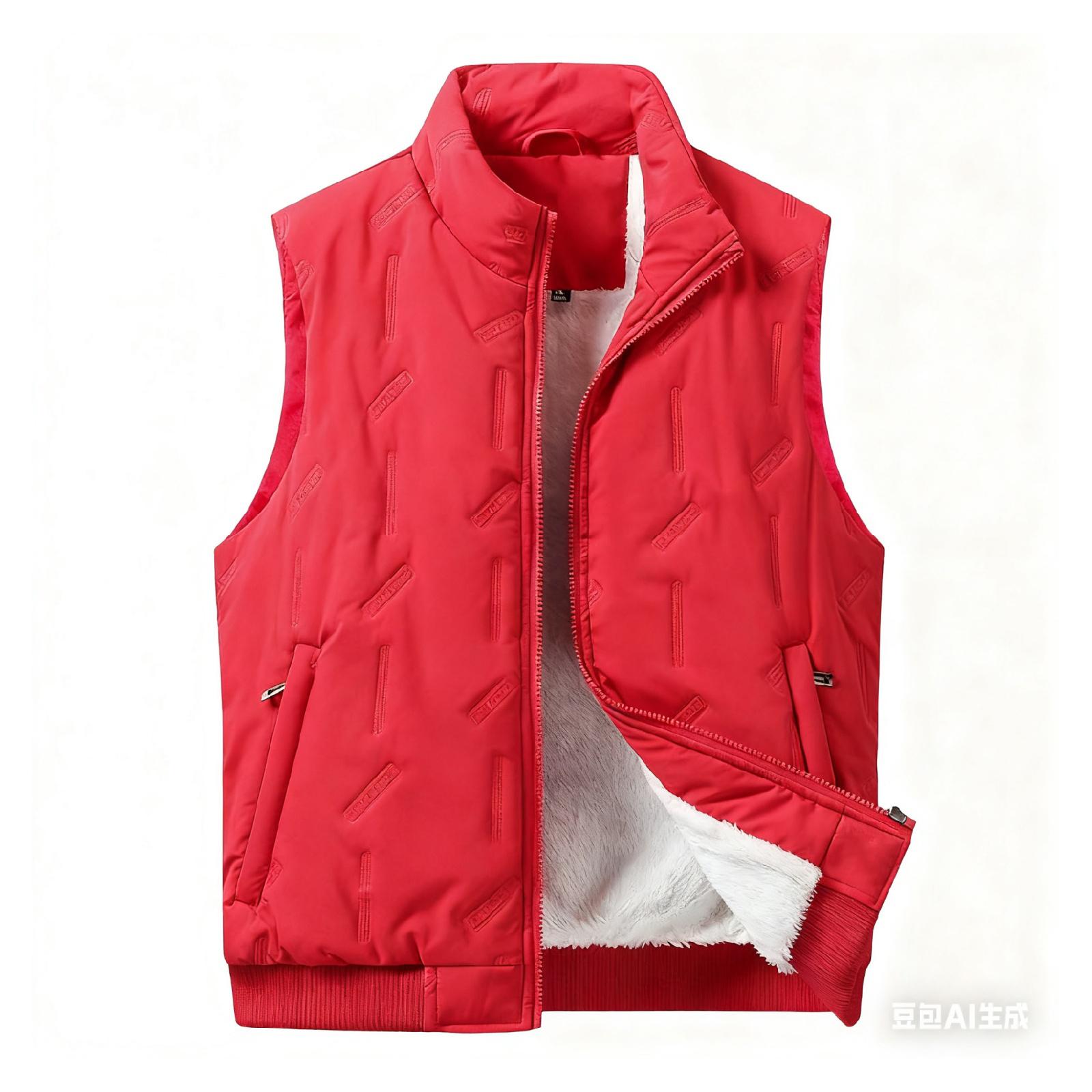 

Men s And Women s Casual Color Textured Embossed Stand-up Collar Zipper Fleece Warm Sleeveless Cotton Vest XXXL червоний