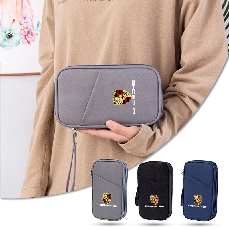 1PC Car Emblem Storage Bag USB Charger Cable Headphones Box for Porsche Panamera Cayenne Taycan 911 718 Macan Carrera-GT 928 968