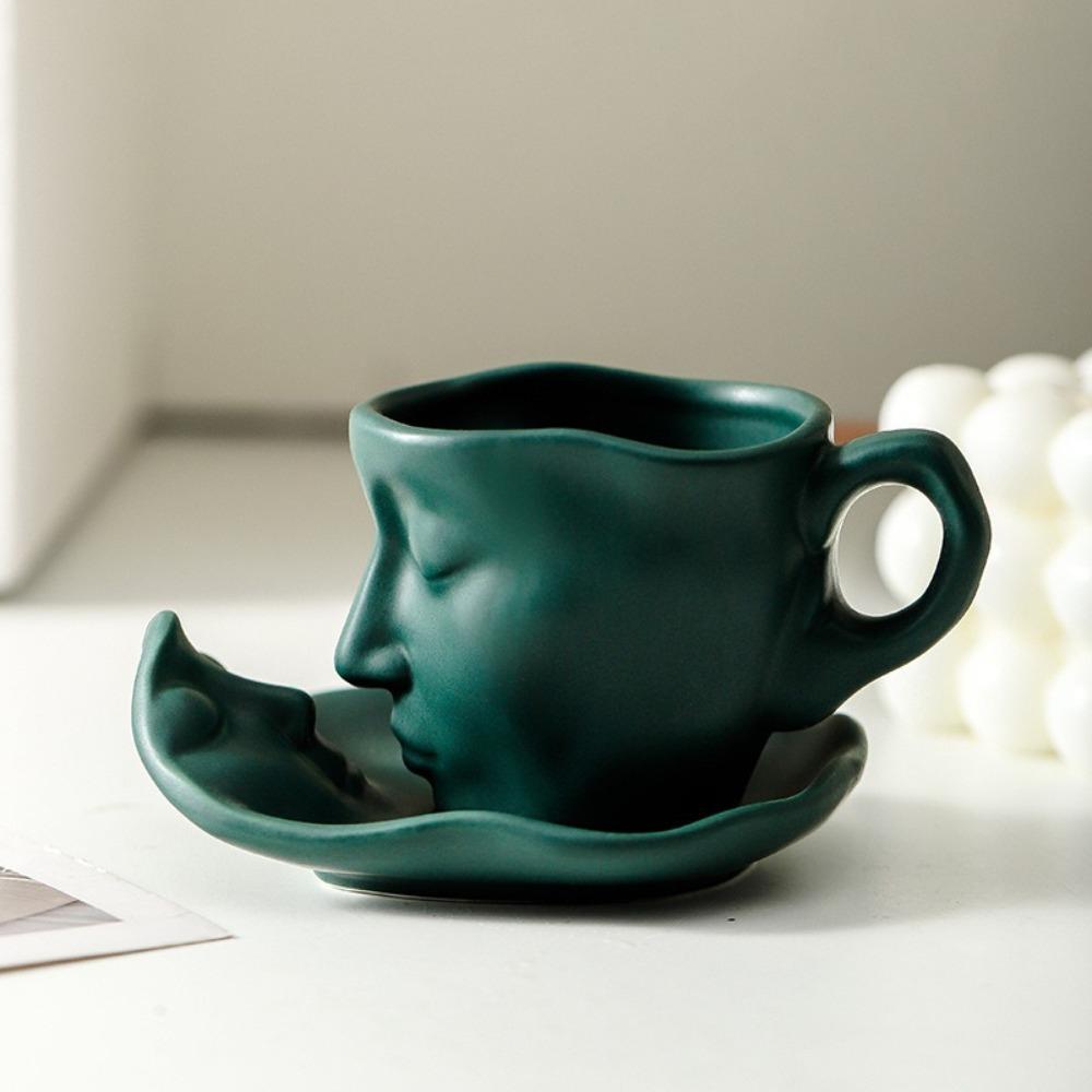 

With Tray Kissing Face Cups Face Shape Coffee Cup Unique Artistic Ceramic Mug Desktop Decoration зелений