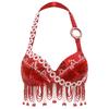 Women Belly Dance Halter Bra Top Sparkle Sequins Plastic Beads Tassel Rhinestone Dance Crop Top Performance Costume