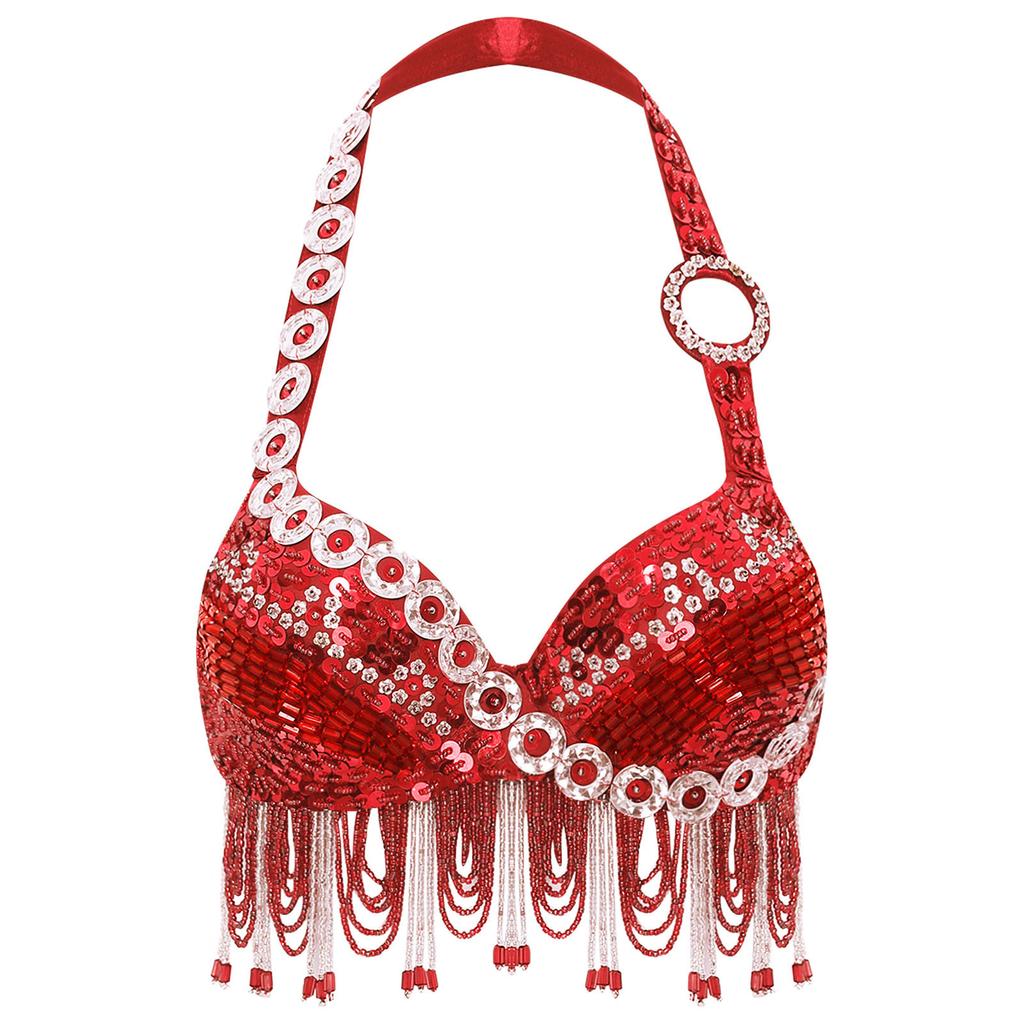 Women Belly Dance Halter Bra Top Sparkle Sequins Plastic Beads Tassel Rhinestone Dance Crop Top Performance Costume