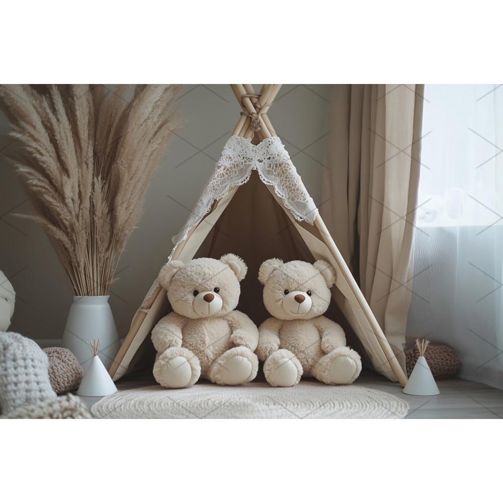 Boho Pampas Teddy Bear Photography Background Balloons Arch Tent Decor Cake Smash Baby 1st Birthday Indoor Photocall Backdrops