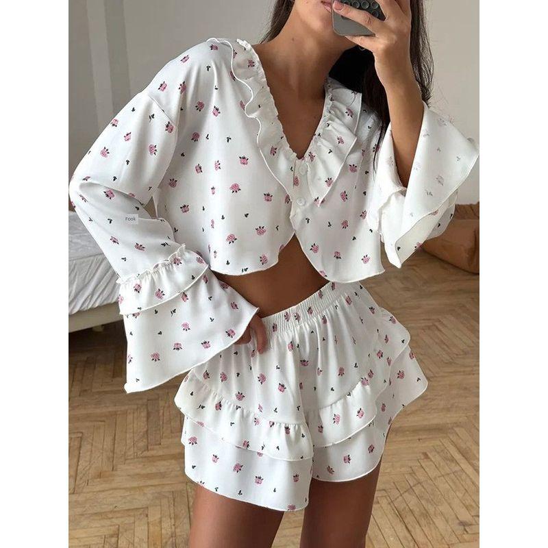 Shorts and Pajamas Set European and American Love Print Frill Breathable Long sleeve Shorts Pajamas Set