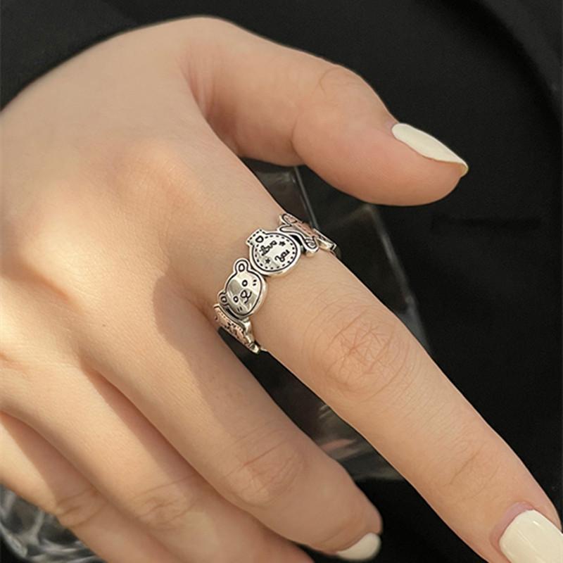 S925 Sterling Silver Graffiti Gingerbread Man & Bear Christmas Ring: Women's Retro Open Index Finger Style