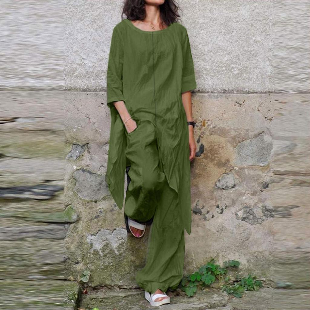 Women's Linen Two-Piece Suit Linen Suit Trousers And Three Quarten Sleeve Irregular Hem Shirts Casual Trouser Suit Round Neck Linen Blouse Loose Linen