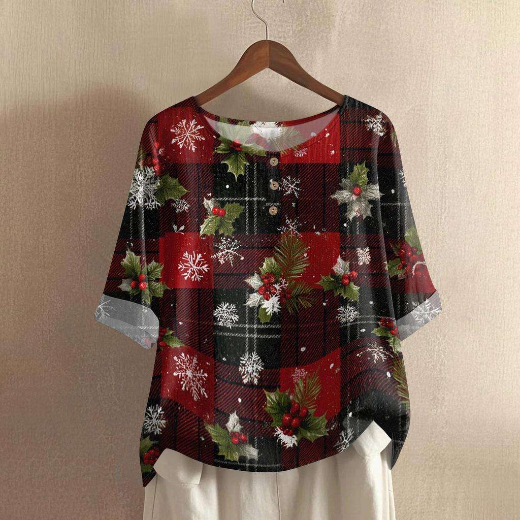 Women's Fashionable And Casual Shirt Half-sleeve Round Neck Print Cotton And Linen Blouse Top