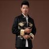 Chinese Traditional Men Tang Suit Shirt Stand Collar Long Sleeve Dragon Print Shirt Pockets Design Tai Chi Tops
