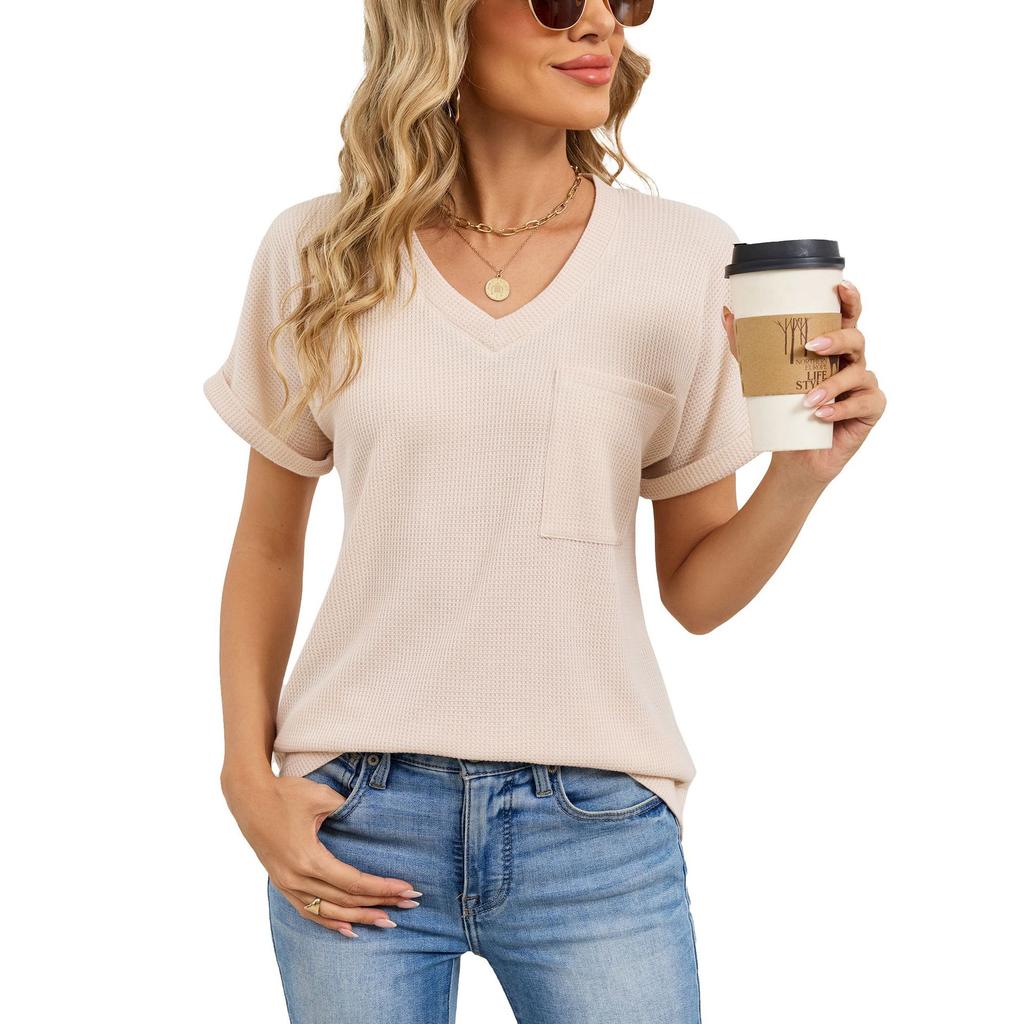 2026 Summer New Loose Women's V-Neck Waffle Pocket Short Sleeve Casual T-Shirt
