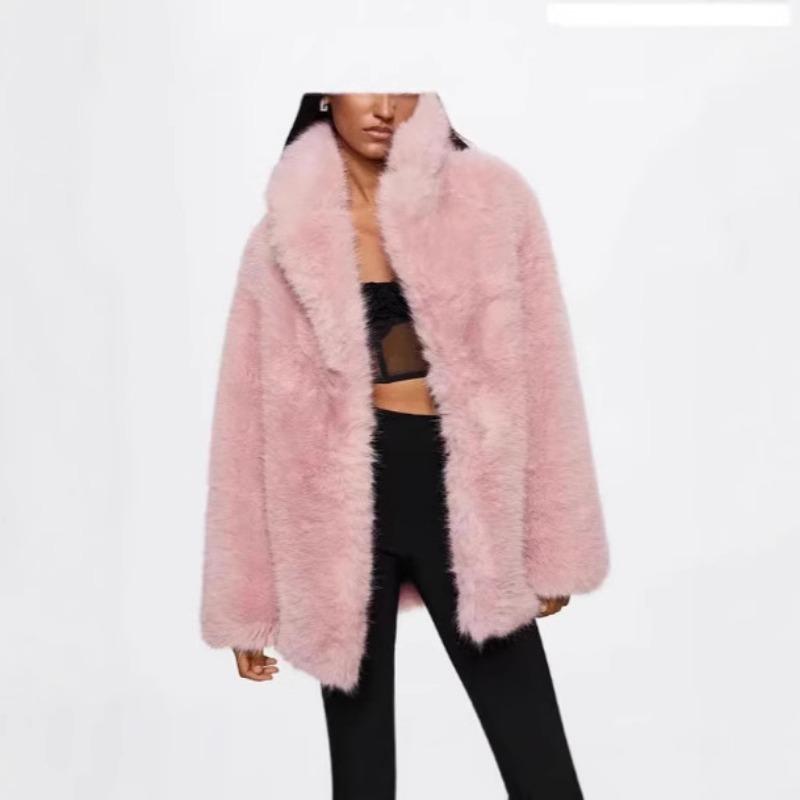 Women's White Faux Fur Coat Lapel Collar Mid-Length Fluffy Warm Winter Outerwear