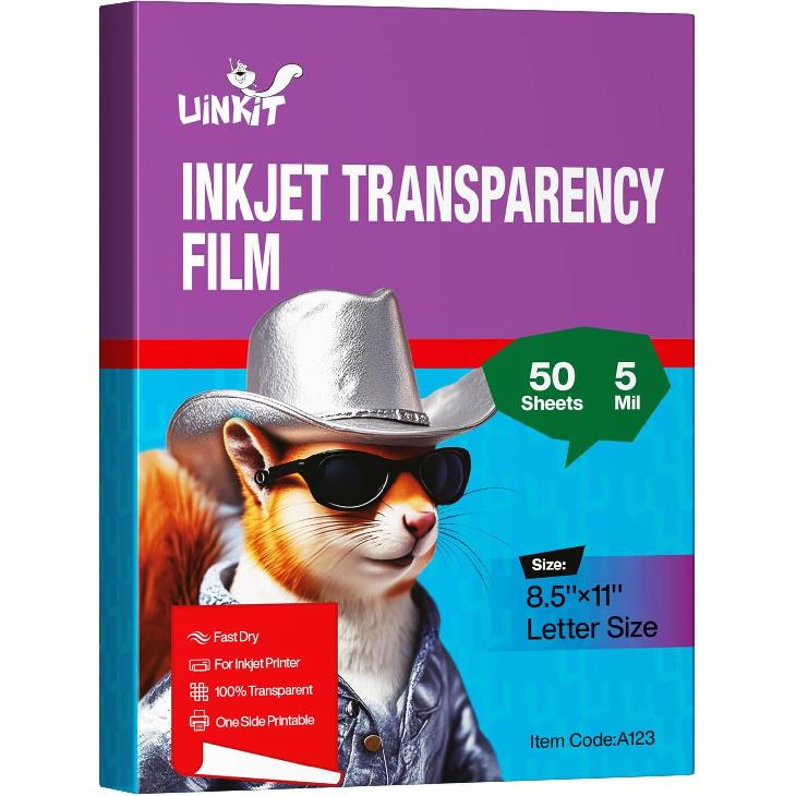 Uinkit Inkjet Transparency Film 50 Sheets 8.5x11 OHP Overhead Projector Film for DIY Crafting 100% Clear Transparency Paper For Inkjet Printer