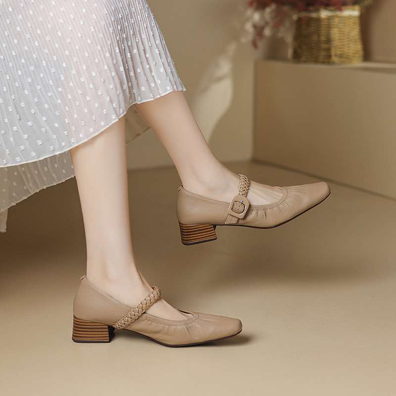 Krazing Pot Sheep Skin Summer Spring Autumn Med Heels Buckle Straps Women Square Toe Shallow Pumps