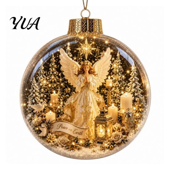Christmas Gift Exchange Souvenirs Glowing Story Ornament, Mini Holiday Scene Light Up Ball Tree Hanging Ornaments Decoration, Acrylic Clear