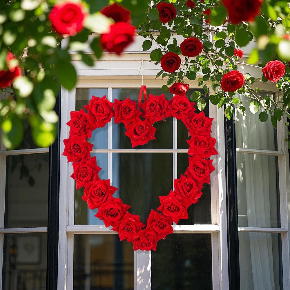 Valentine'S Day Love Red Rose Wreath Door Hanging Couple Party Decoration Rattan Pendant Wedding Scene Decoration